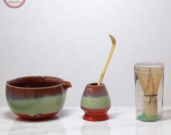 Green Ceramic Matcha Bowl Set with Spout 450ml Bamboo Whisk Chasen Holder Japanese Tea Ceremony Set Unique Matcha Whisk Gift Set gift for me