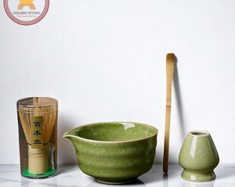 Green Ceramic Matcha Bowl Set with Spout 450ml Bamboo Whisk Chasen Holder Japanese Tea Ceremony Set Unique Matcha Whisk Gift Set gift for me