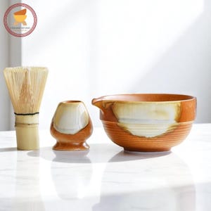 Brown Ceramic Matcha Set with Bamboo Whisk Chasen Holder Matcha Bowl Set Organic Mixing Bowl Matcha Kit Gift for Her Tea Ceremony Set gift