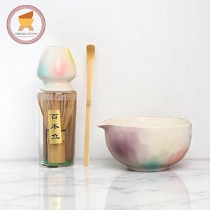 Original Kirschblüte Matcha Schüssel Set 500ml Keramik Chawan Bambus Schneebesen und Chasen Halter Japanische Beige Matcha Tee Geschenkset Kit Zeremonie