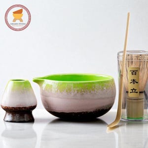Green Ceramic Matcha Bowl Set with Spout 450ml Bamboo Whisk Chasen Holder Japanese Tea Ceremony Set Unique Matcha Whisk Gift Set gift for me
