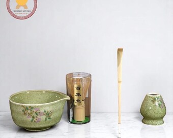 Green Ceramic Matcha Bowl Set with Spout 450ml Bamboo Whisk Chasen Holder Japanese Tea Ceremony Set Unique Matcha Whisk Gift Set gift for me