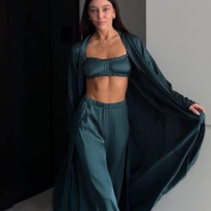 Silk Suit for Women – 2 Piece Set with Pants and Kimono – Elegant Holiday Outfit - Silk Suit - Silk Pajama