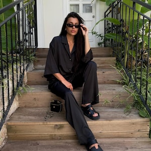 Black Silk Suit Set for Women – Two-Piece Streetwear Outfit | Elegant Blazer & Pants Set