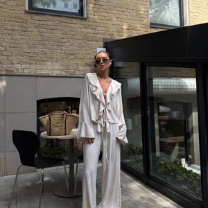 Boho Set for Women – 2 Piece Summer Outfit with Ruffle Tie Shirt and trourses | Beachwear, Festival, Vacation Look