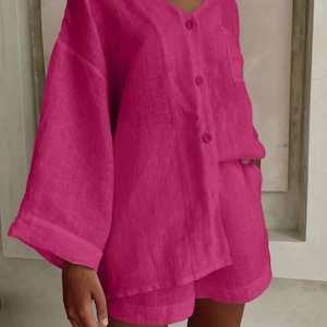 Linen Short Set for Women – 2 Piece Summer Outfit – Oversized Shirt and Shorts – Loungewear & Streetwear
