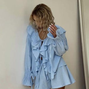 Boho Muslin Set for Women – 2 Piece Summer Outfit with Ruffle Tie Shirt and Shorts | Beachwear, Festival, Vacation Look