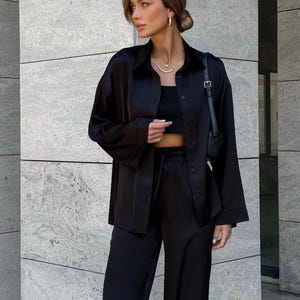 Women Suit - Silk Suit - Street Wear - Black Silk Suit - Women Silk Set