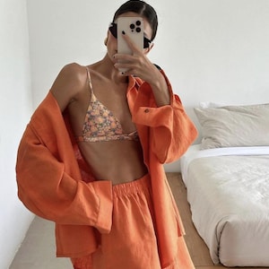 Conjunto de lino corto para mujer – Conjunto de verano de 2 piezas – Camisa y pantalones cortos oversize – Ropa de estar por casa y ropa urbana