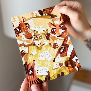 Postal de ratón jugador de póker / Arte animal caprichoso / Ilustración divertida de un juego de cartas