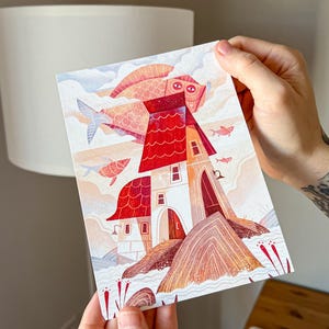 Rising Fish Postkarte || Surreal Kunstdruck || Fliegender Fisch Illustration || Verträumte Postkarte || Skurrile Kunst || Küsten Wand Kunst || Wohndekor