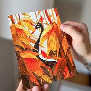 Héron dans un champ de maïs - Carte postale d'art de la nature | Illustration d'automne chaud | Imprimé oiseau minimaliste, cadeau pour les amoureux de la nature