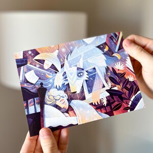 Traum Postkarte || Fantasie Schlaf Illustration || Junge und Wolf || Skurril Kunstdruck || Nachtszene || Sammelkarte || Geschenk-Karte