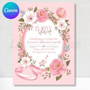 Tarjeta de baby shower rosa / Tarjeta de cumpleaños / Plantilla digital personalizable e imprimible en Canva