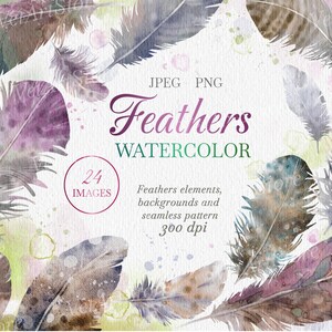 Watercolor Feathers Clipart - Feather Clipart - Boho Feathers Clipart - Hand Painted Feathers - Feathers Seamless Pattern - Wedding Clipart