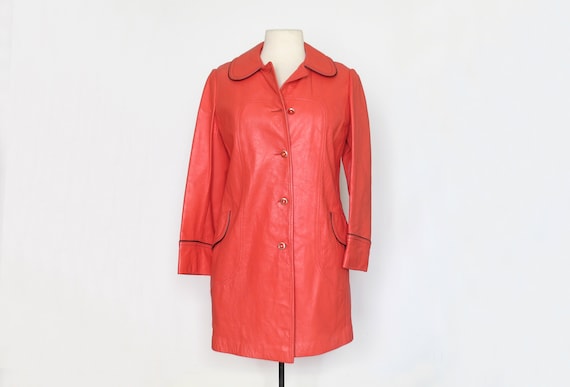 1970s Red Orange Leather Coat with Piping