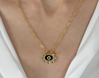 Silver Paperclip Chain Necklace: Handmade Ceramic Dark Blue Evil Eye Charm