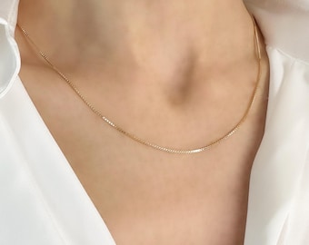 14K Massivgold Box-Kettenhalskette: Dünne quadratische Kette