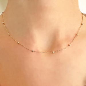 Naszyjnik z łańcuszkiem kulkowym ze złota 14K, naszyjnik z łańcuszkiem kulkowym satelitarnym, delikatny naszyjnik z łańcuszkiem 14K, złoty naszyjnik z koralikami, minimalistyczny delikatny łańcuszek kulkowy