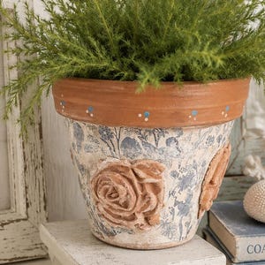 French Cottage Terra Cotta Rose Planter – Hand painted Decoupage Flower Pot