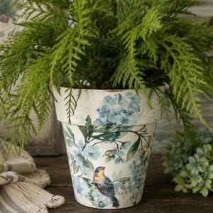 May include: A decorative white flower pot with a blue floral and bird design, filled with green leafy plants. The pot has a distressed finish, and the background includes a wooden sign and shutters.