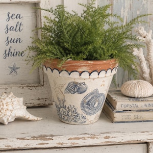 May include: A decorative ceramic flower pot with a coastal theme, featuring blue seashell and coral designs. The pot is filled with green foliage and sits on a distressed white surface. A framed sign reads "sea salt sun shine".
