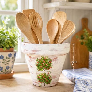 Hand Painted Decoupaged Citrus Pots | Lemon Orange Planters, Distressed Terracotta Garden Decor