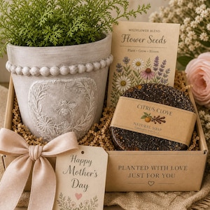 May include: A gift box containing a potted plant, flower seeds, and citrus clove soap. The grey pot features a bee and floral design. A tag reads "Happy Mother's Day". The box is tied with a pink bow.