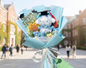 Crocheted Graduation Bouquet Hallo Kitti Bouquet Class of 2026 Crochet Graduation Flowers  Handmade sunflower Bouquet with Doll.