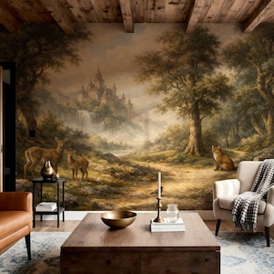 May include: A detailed mural depicting a serene forest scene with a castle in the distance, deer, and a fox. The room features a wooden ceiling, a leather armchair, and a coffee table with a brass bowl and candle.