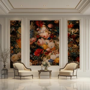 Carta da parati floreale con natura morta in stile barocco dell'età dell'oro, disponibile in varie misure, facile da applicare e rimuovere.
