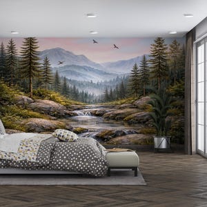 May include: A bedroom featuring a mural of a mountain landscape with a river, trees, and birds. The room includes a bed with patterned bedding, a bench, and a potted plant. The floor is made of dark wood.