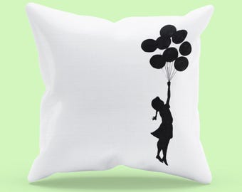 BANKSY Flying Balloon Girl White, Banksy Graffiti, Graffiti Art, Urban Art, Banksy Style, Modern Art Gift, Modern Art Pillow, Edgy Decor