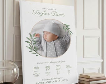 Personalised Newborn Baby Photo Canvas Print, Poster or Framed Wall Art (A0-A4)