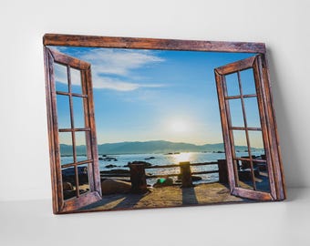 3D Beach Art, Rustic Window View with Canvas, Poster, or Vinyl