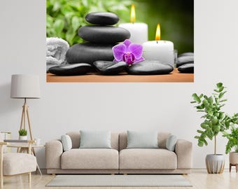 Zen Stones Candle Canvas Wall Art, Relaxing Spa Decor, Meditation Print, Minimalist Artwork, Peel & Stick Vinyl Sticker, Calm Home Decor