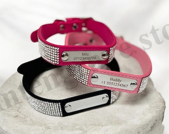 Personalised Collar with Rhinestones, Engraved ID Tag for Dogs and Cats