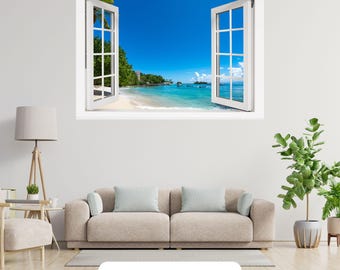 3D Tropical Beach Window Wall Art Vinyl Sticker Scenery View Bedroom Decal Decor Mural Peel & Stick Vinyl
