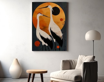Crane Canvas Print, Japanese Sunset Design in A4–A0 Sizes