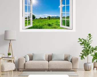 3D Tropical Trees Window Wall Art: Seaside View Vinyl Sticker Mural Peel and Stick