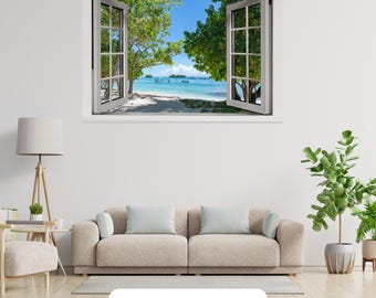 3D Tropical Beach Window Wall Art Vinyl Sticker Scenery  View Bedroom Decal Decor Mural Peel & Stick Vinyl