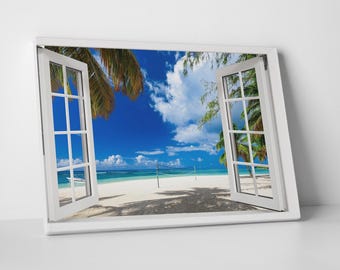 3D Beach Wall Art, Tropical Window View in Framed Canvas, Poster, or Vinyl