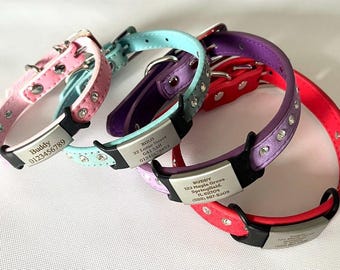Personalisiertes Halsband mit Strasssteinen, individuell gravierte vegane Leder-Haustiermarke