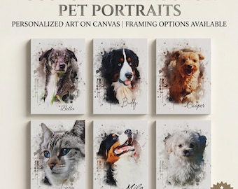 Custom Pet Portrait Canvas, Watercolor Art from Your Photo in 5 Sizes