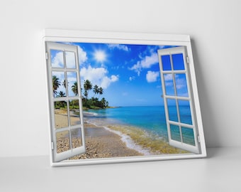 3D Window Art, Tropical Beach Scene with Framed or Self-Adhesive Options