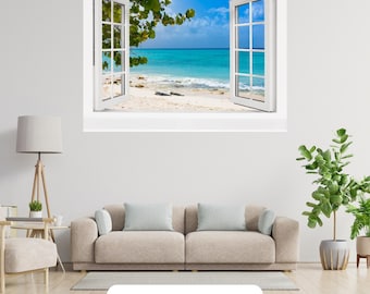 3D Tropical Beach Window Wall Art Vinyl Sticker Scenery View Bedroom Decal Decor Mural Peel & Stick Vinyl