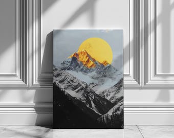 Golden Mountain Art, Snow Capped Peak Landscape, Canvas Poster Vinyl Options