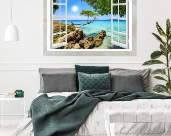 3D Tropical Beach Window Wall Art Vinyl Sticker Scenery View Bedroom Decal Decor Mural Peel & Stick Vinyl