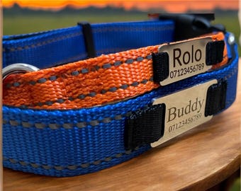 Personalized Dog Cat Collar Reflective : Custom Name Laser Engraved ID Tag, Adjustable Nylon