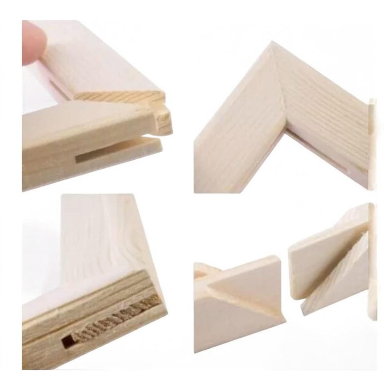 Four close-up views show the interlocking joints of light-colored wooden stretcher bars, including a corner joint and a wedge insertion.